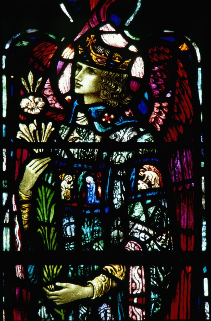 Charles J. Connick, Archangel Gabriel, detail from window (1919) at St John’s Church, Beverly Farms, MA (photograph by Peter Cormack) 